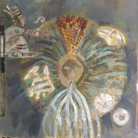 Deathmask tableau with power objects acryl on canvas   Marianne Tønnes